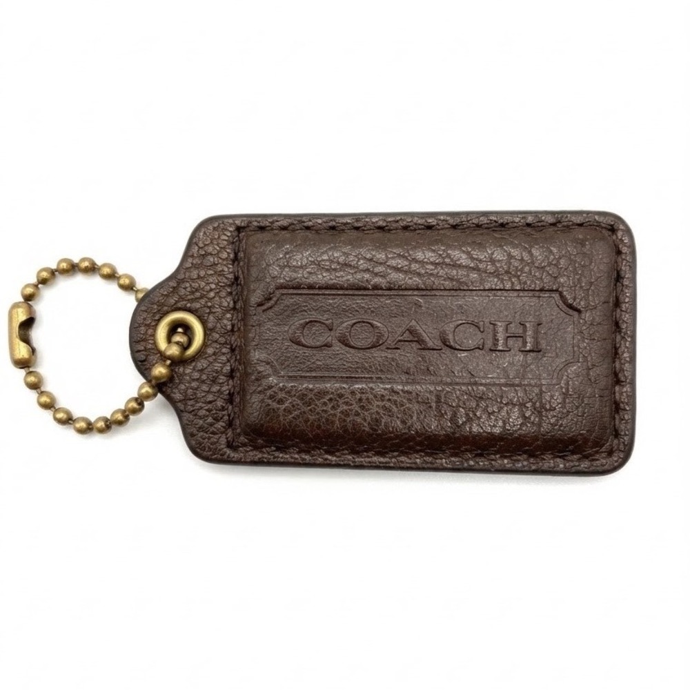 Coach Dark Brown Pebbled Leather Hangtag Replacement Bag Charm Brass Chain
